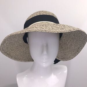 Jeff & Aimey Wide Brim Woven Straw Hat with Black Bow